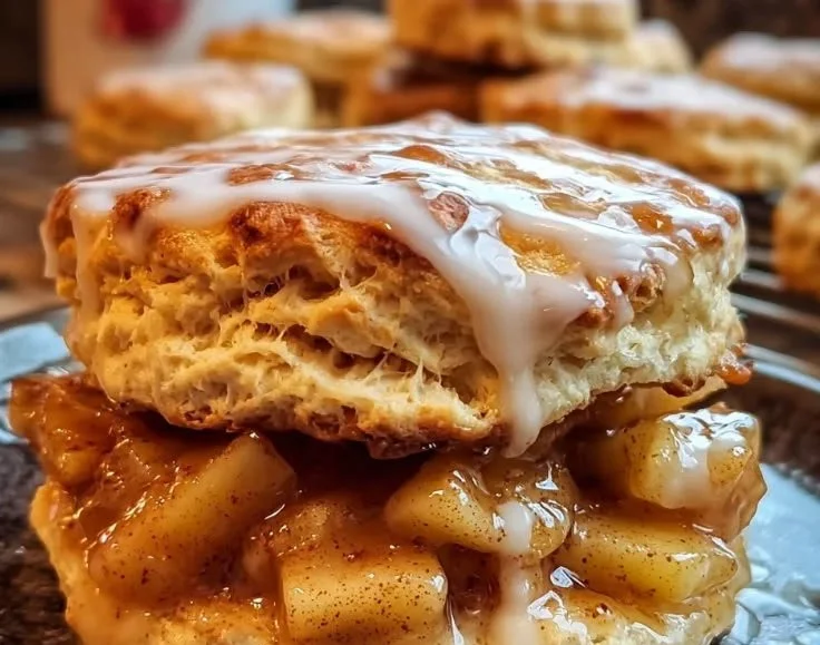 Biscuit sandwiches with apple pie filling served on a wooden plate