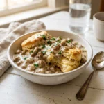 Delicious biscuits and gravy served on a plate, perfect for breakfast.