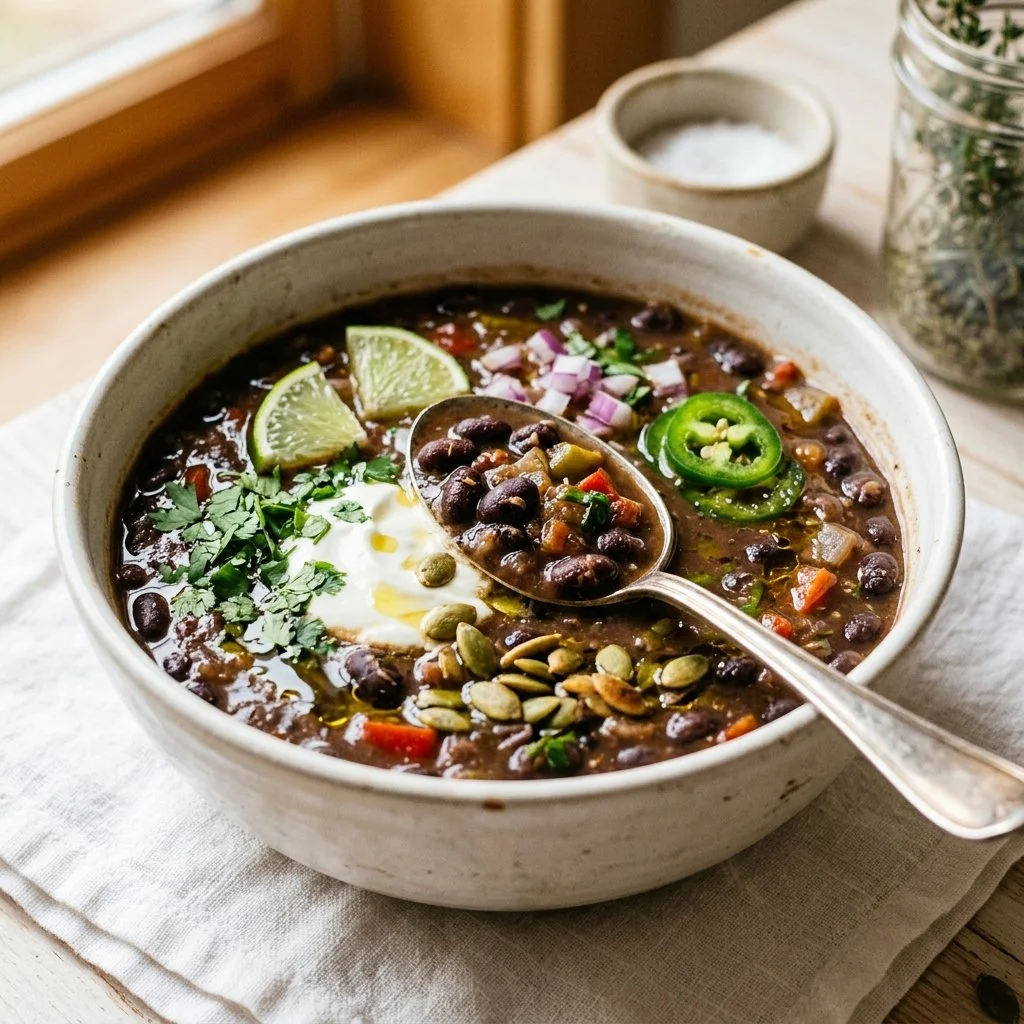 High protein black bean soup in a bowl, garnished with fresh cilantro.