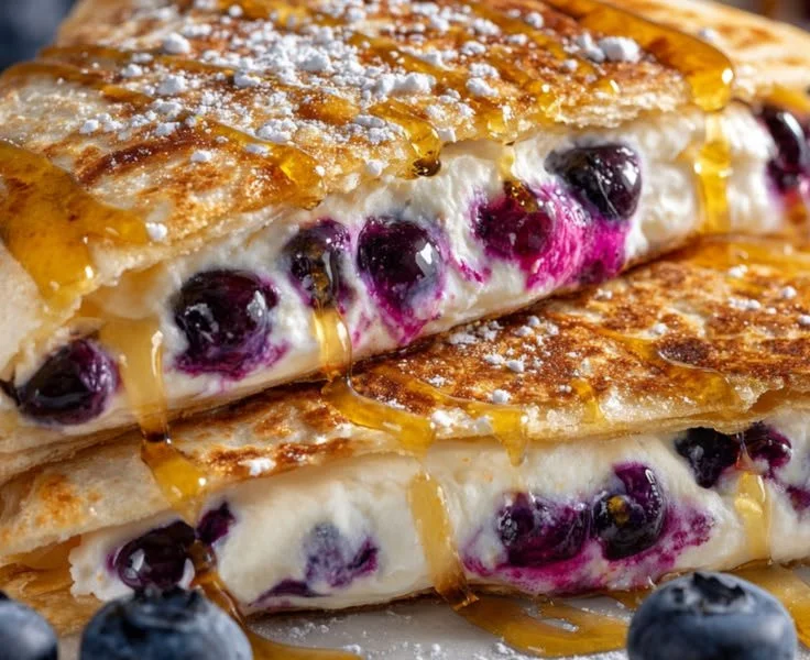 Delicious blueberry quesadilla served for breakfast with melted cheese.