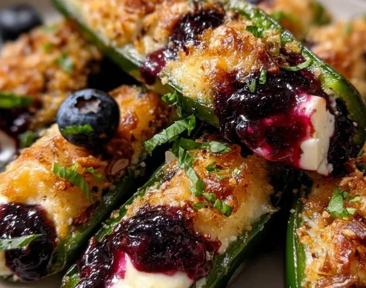 Blueberry Brie Jalapeño Poppers served on a platter with fresh blueberries
