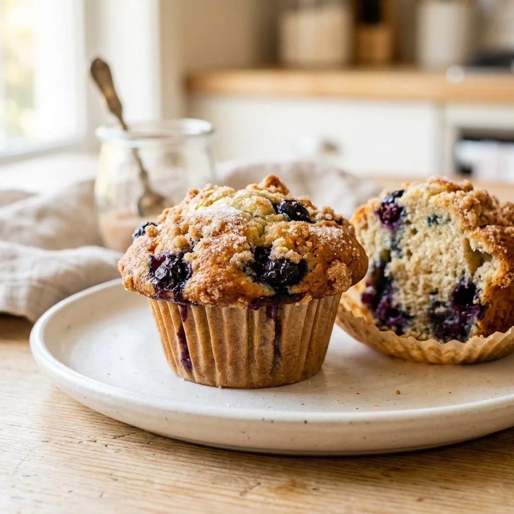 Freshly baked easy blueberry muffins on a cooling rack