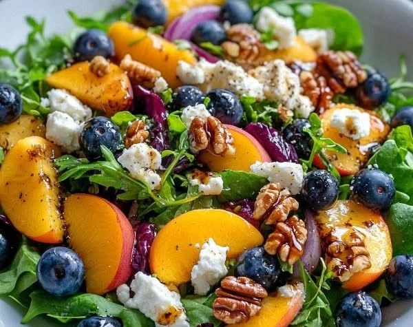 Delicious Blueberry Peach Feta Salad served in a bowl with fresh ingredients