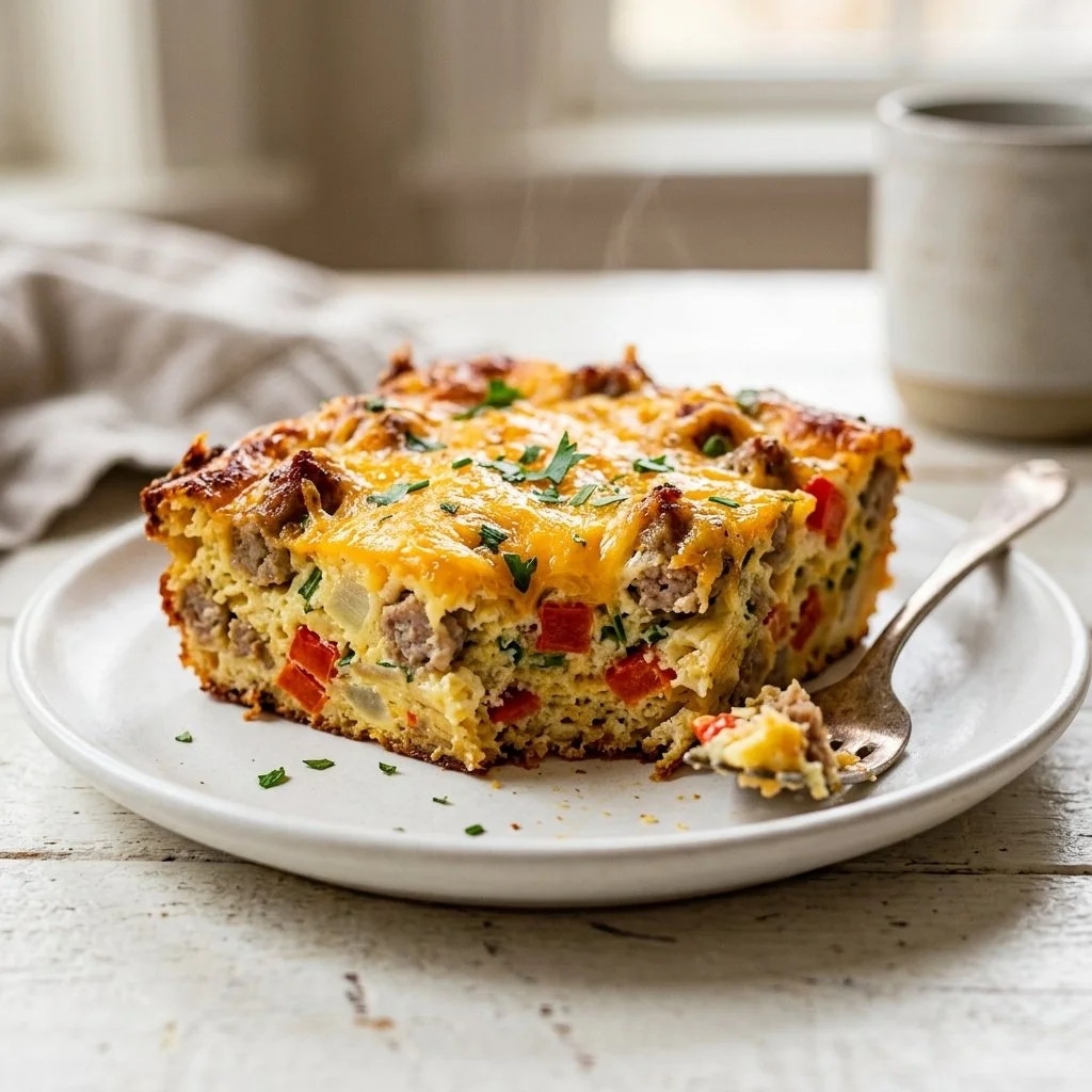 Easy breakfast casserole recipe baked with eggs, cheese, and vegetables