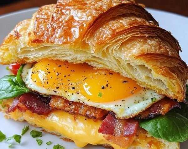 Delicious breakfast croissant sandwich with eggs, cheese, and ham