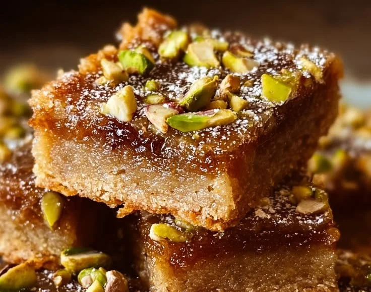 Delicious Brown Butter Pistachio Bars drizzled with Honey