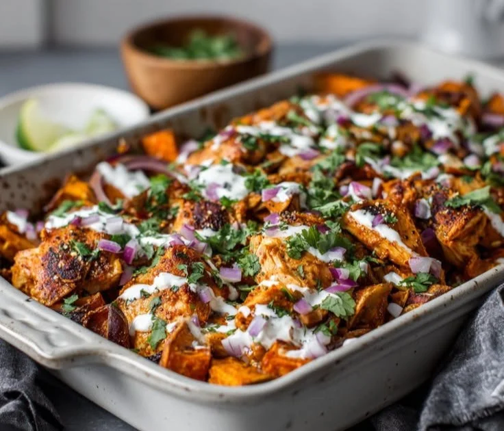 Buffalo Chicken Sheet Pan Bowl with Sweet Potatoes and vibrant vegetables