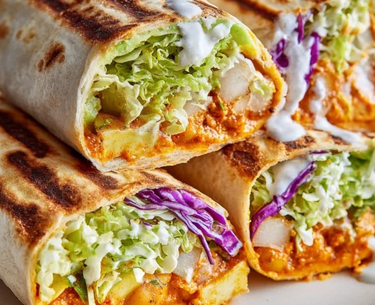 Buffalo Chickpea Salad Wrap with fresh ingredients