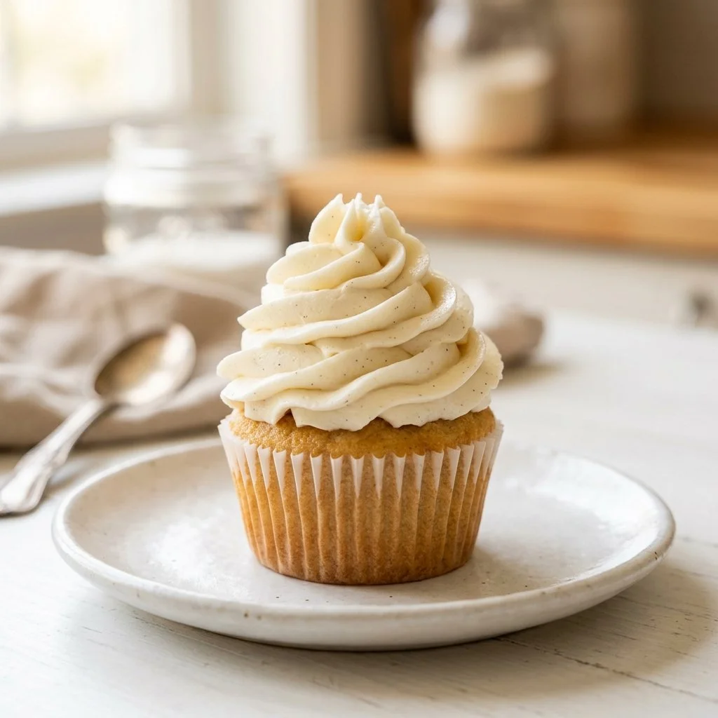 Homemade buttercream frosting in a mixing bowl