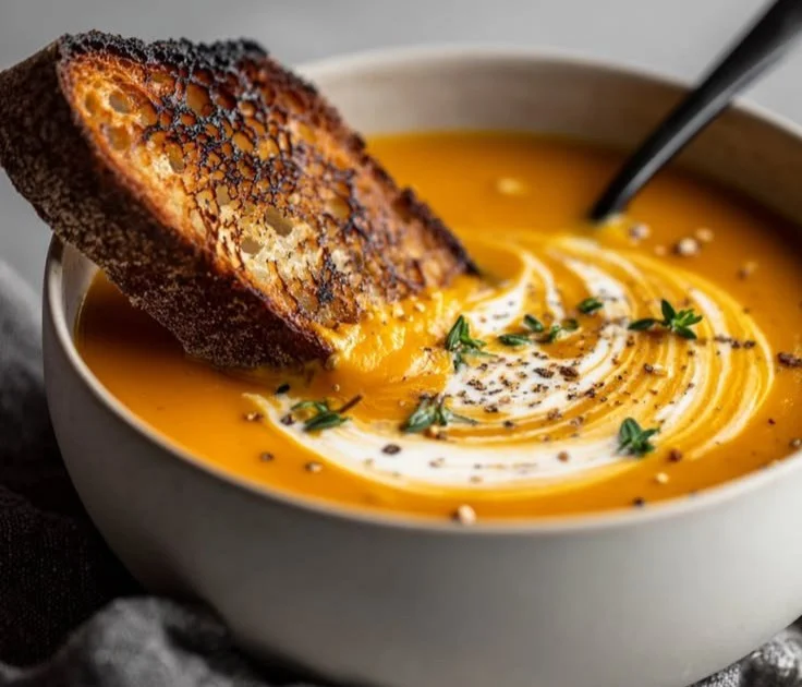 A bowl of creamy butternut squash soup garnished with herbs.