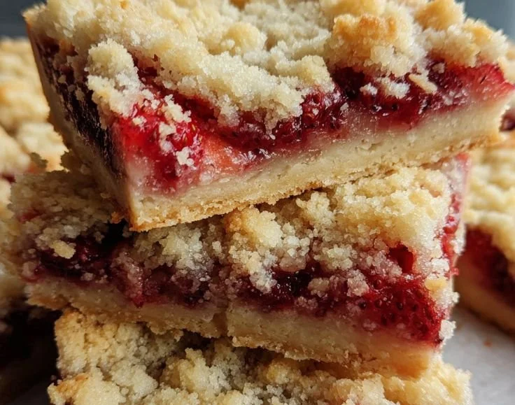 Buttery strawberry crumble bars with a crunchy topping and fresh strawberries