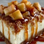 Slice of caramel apple cheesecake with caramel drizzle on top