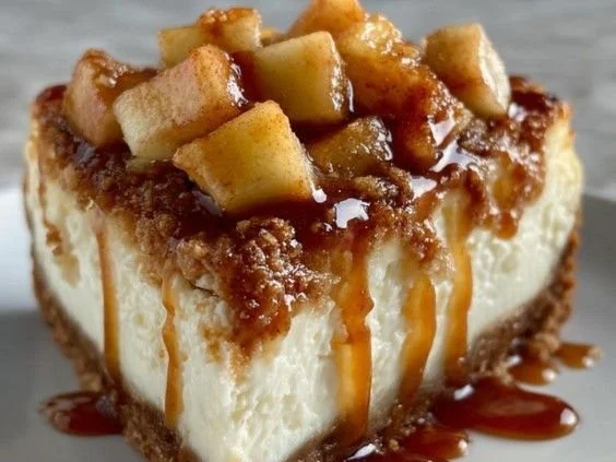 Slice of caramel apple cheesecake with caramel drizzle on top