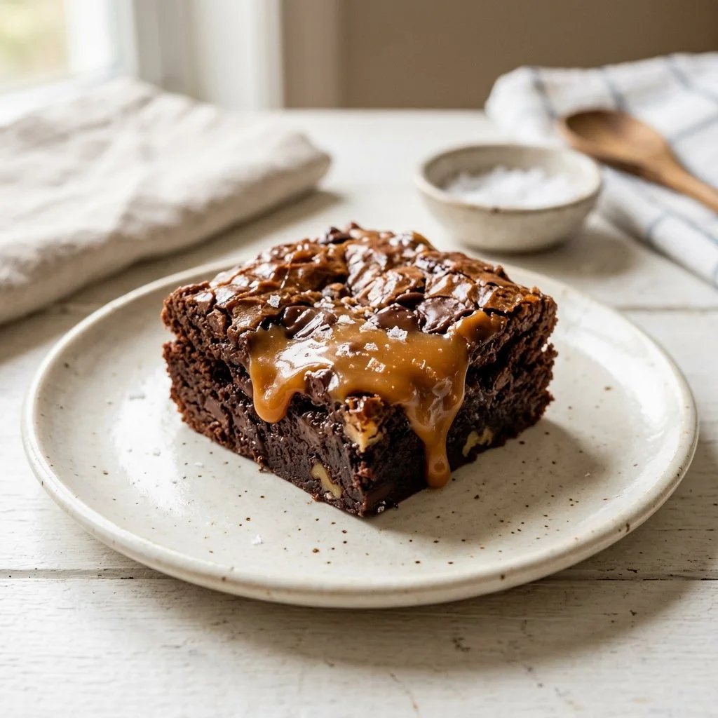Delicious homemade caramel brownies drizzled with chocolate