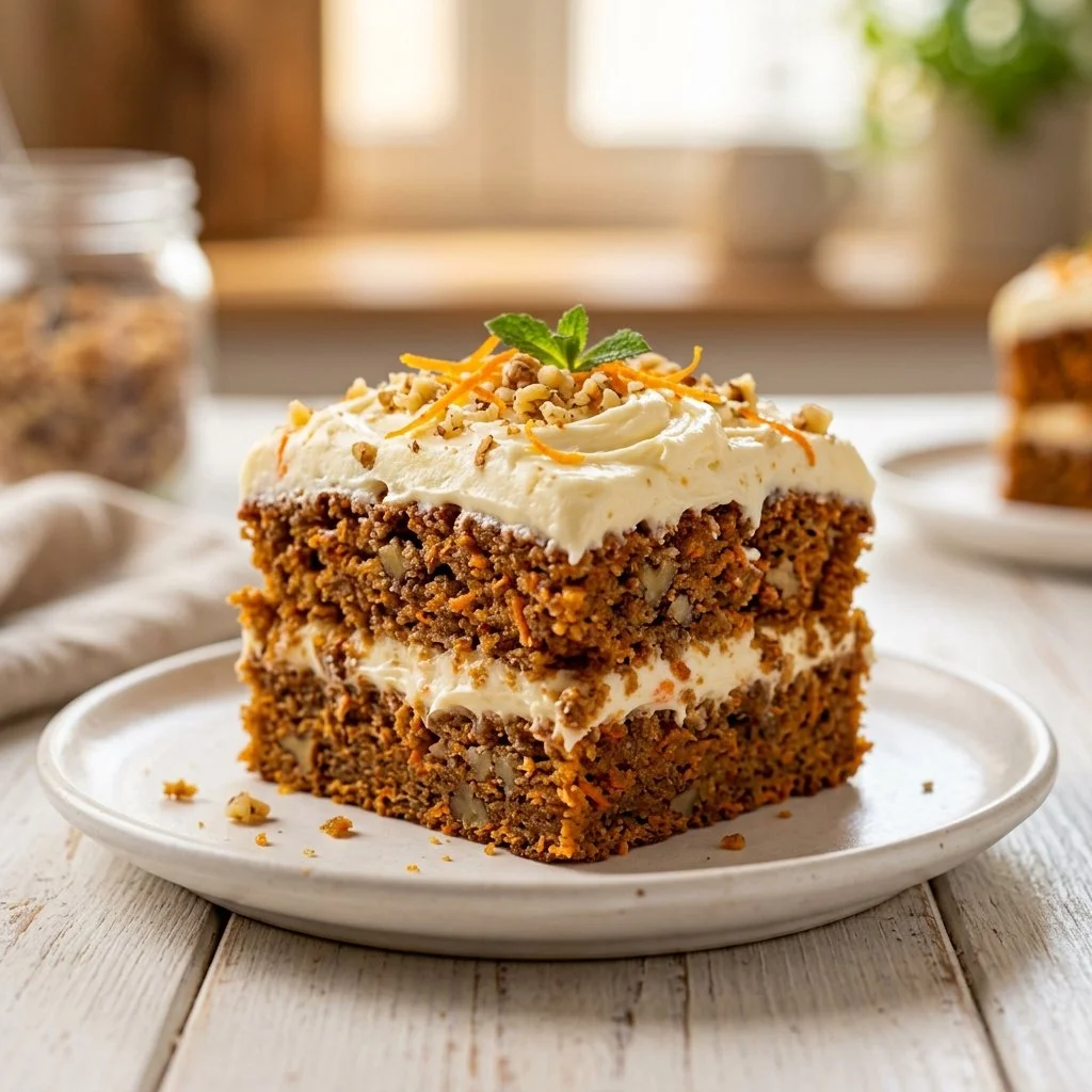 Delicious carrot cake with cream cheese frosting and grated carrots