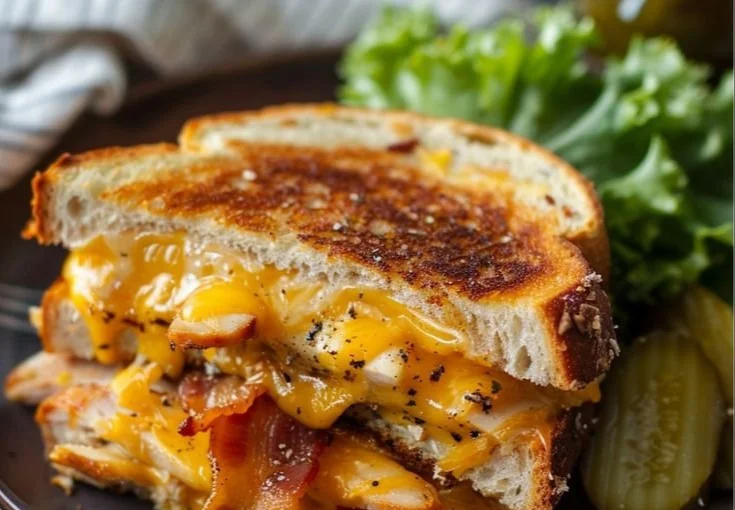 Cheddar Bacon Turkey Melt sandwich on sourdough bread with crispy bacon and cheese