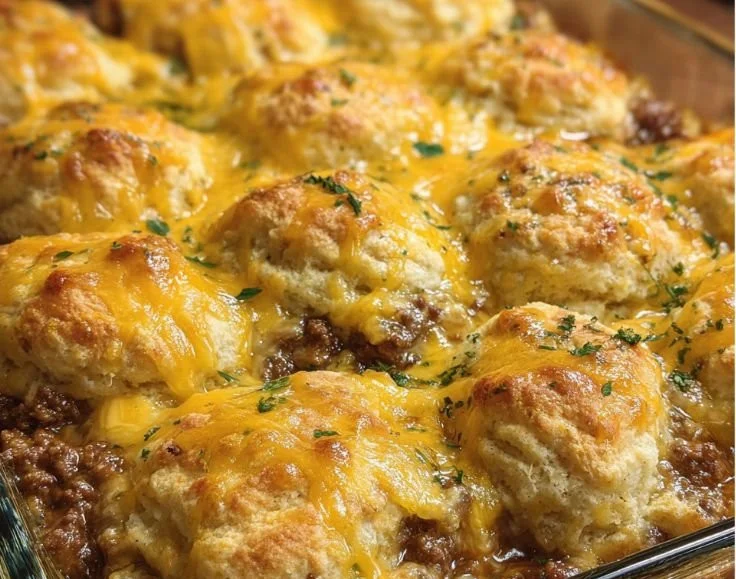Delicious Cheddar Bay Hamburger Casserole served in a baking dish
