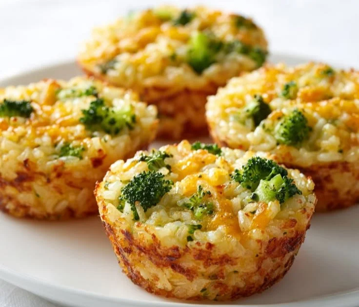 Cheddar Broccoli Rice Cups served in a baking dish