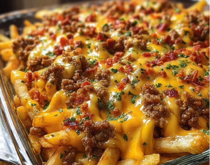 Delicious Cheeseburger Casserole topped with crispy French fries