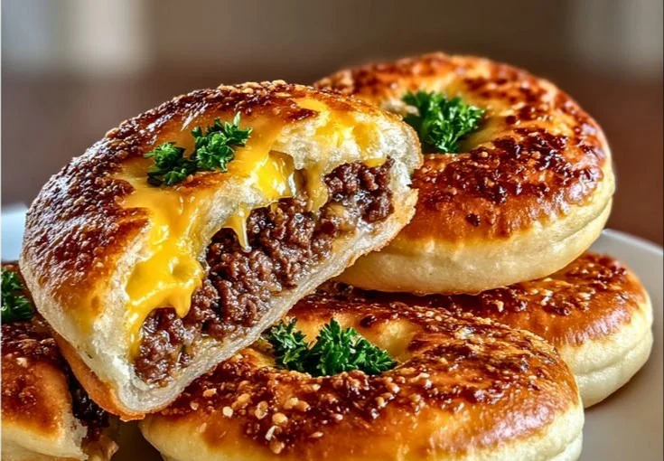 Delicious Cheeseburger Pretzel Bombs served with dipping sauce