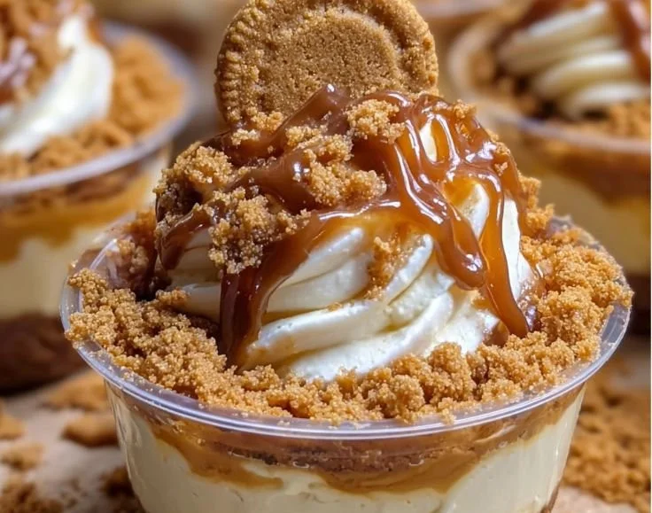 Delicious cheesecake cups topped with cookie butter and garnished for dessert