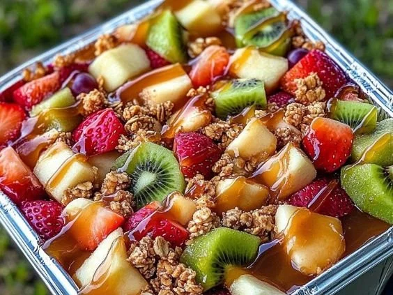 Delicious cheesecake fruit salad topped with fresh berries and creamy cheesecake dressing.