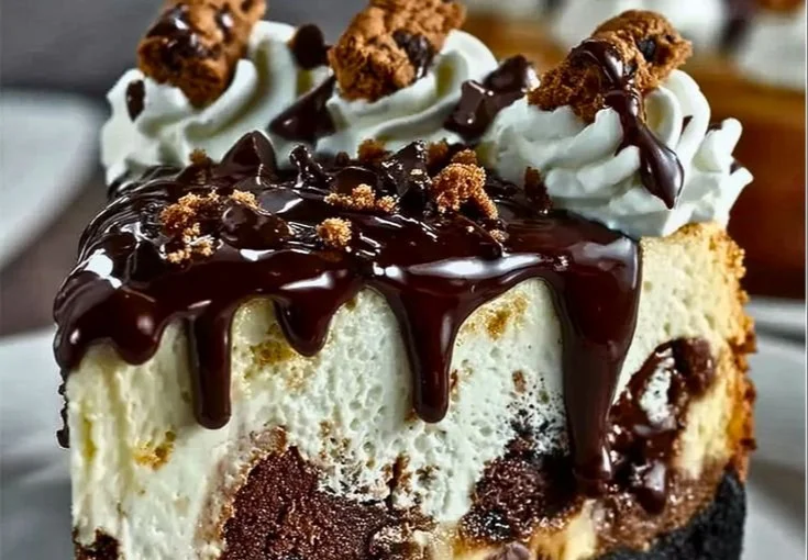 Delicious cheesecake topped with a brownie sundae swirl