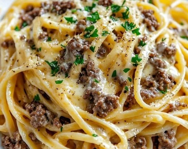 Delicious Cheesy Garlic Butter Linguine topped with Ground Beef