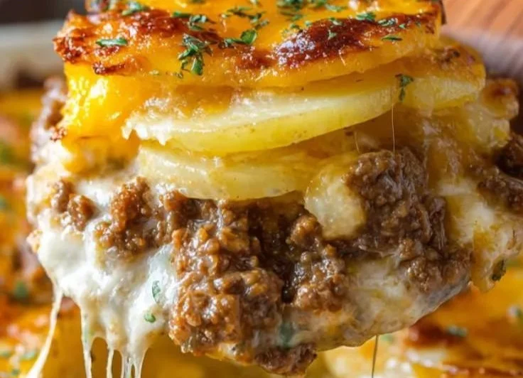 Delicious cheesy hamburger potato casserole served in a baking dish