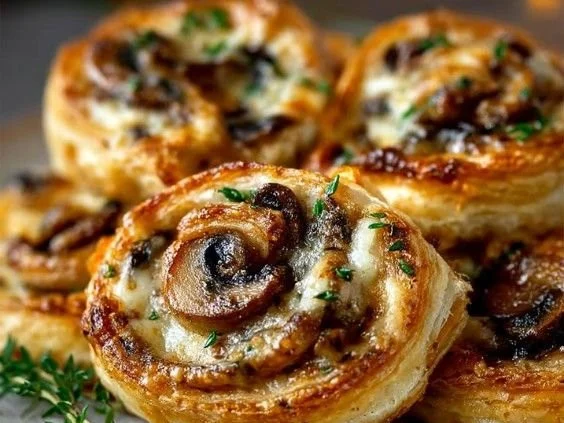 Cheesy mushroom pinwheels served on a platter, perfect for appetizers