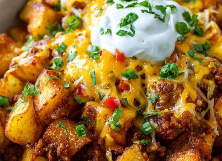 Cheesy taco potatoes dish topped with cheese and seasoned meat.