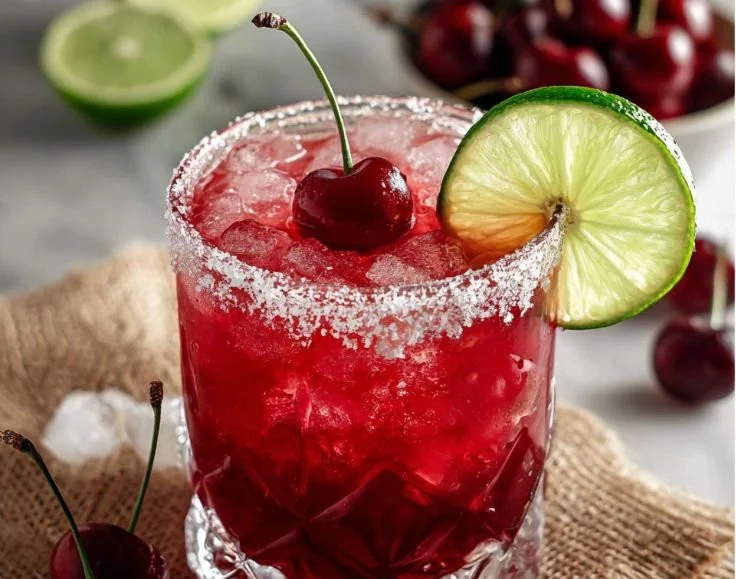 Delicious Cherry Lime Margarita served in a glass with a slice of lime