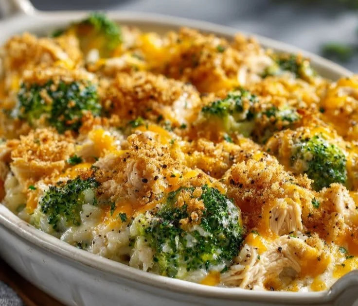 Delicious Chicken Broccoli Rice Casserole served in a dish