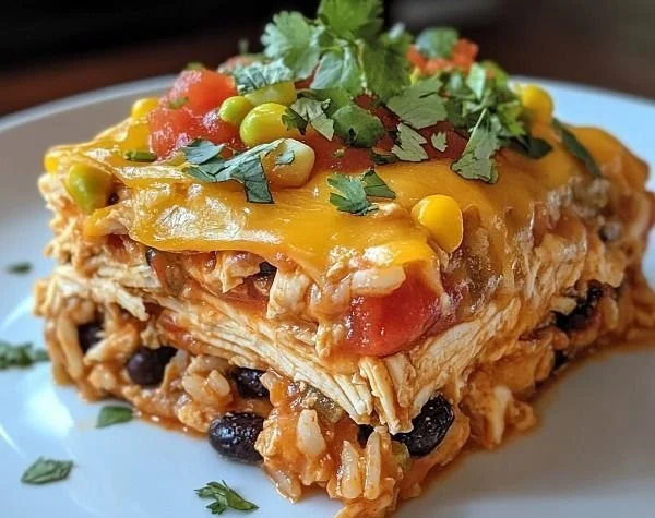 Delicious Chicken Burrito Casserole topped with cheese and fresh ingredients