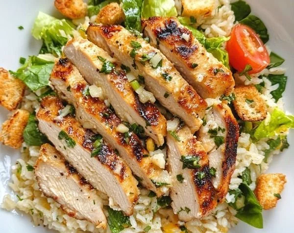 Chicken Caesar Crispy Rice Salad with grilled chicken and crunchy rice