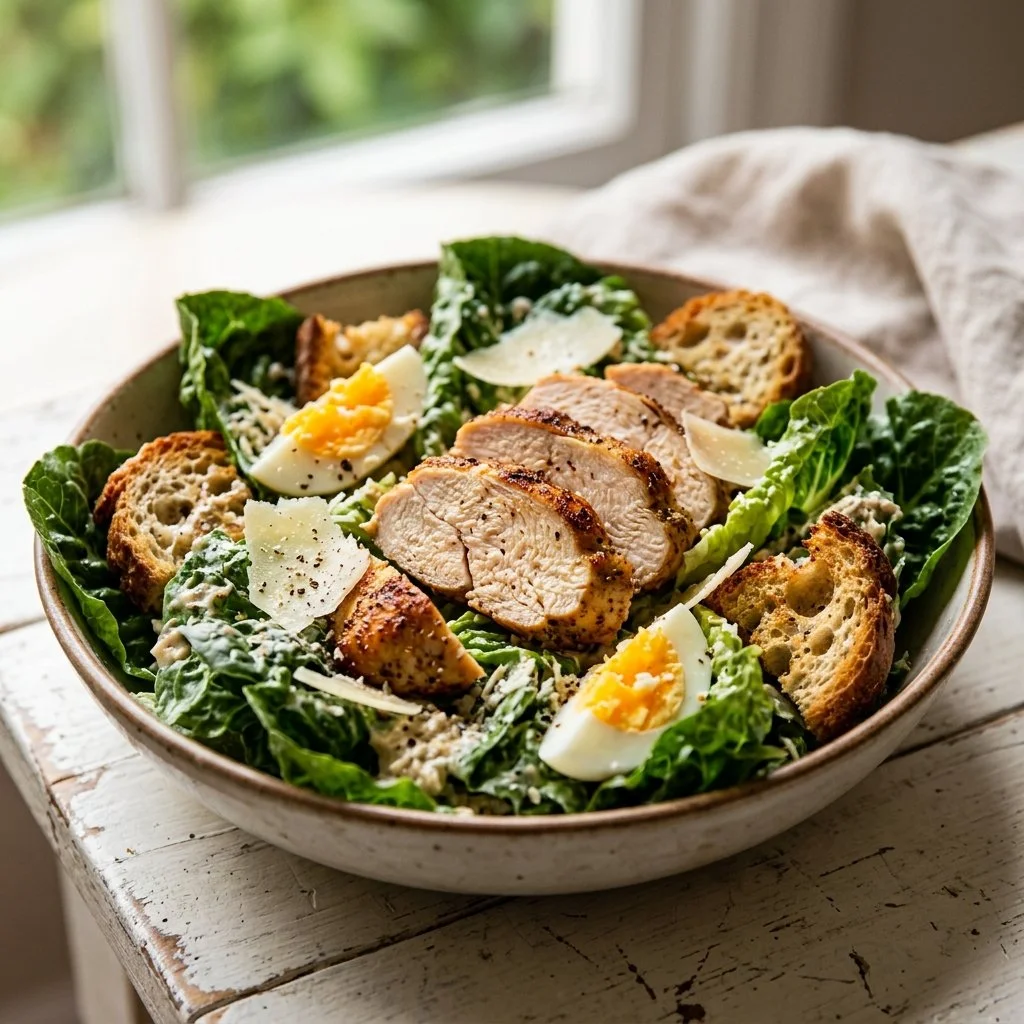 High protein Chicken Caesar Salad with grilled chicken, romaine, and dressing