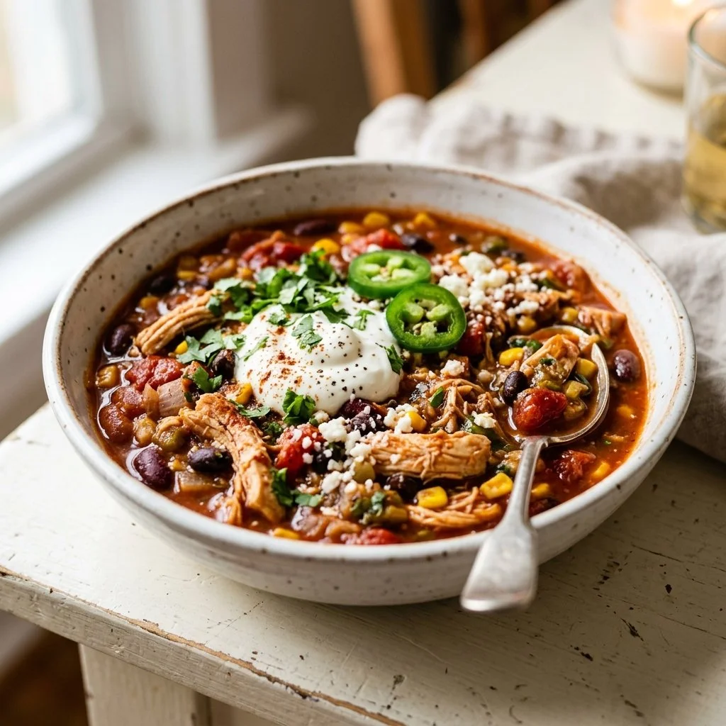 Bowl of homemade Chicken Chili garnished with fresh herbs and spices