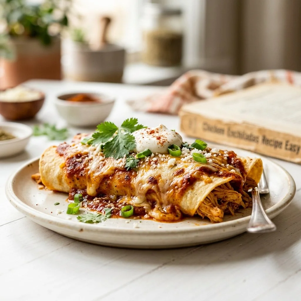 Delicious easy Chicken Enchiladas topped with cheese and garnished with cilantro.