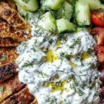 Chicken gyro bowl with fluffy rice, fresh vegetables, and creamy tzatziki sauce