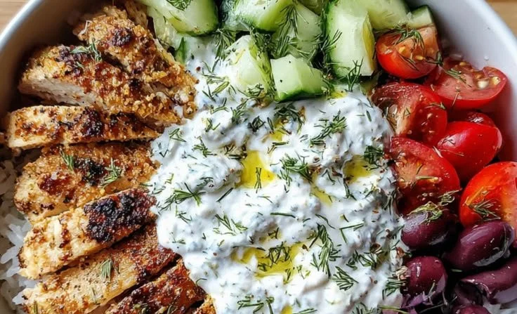 Chicken gyro bowl with fluffy rice, fresh vegetables, and creamy tzatziki sauce