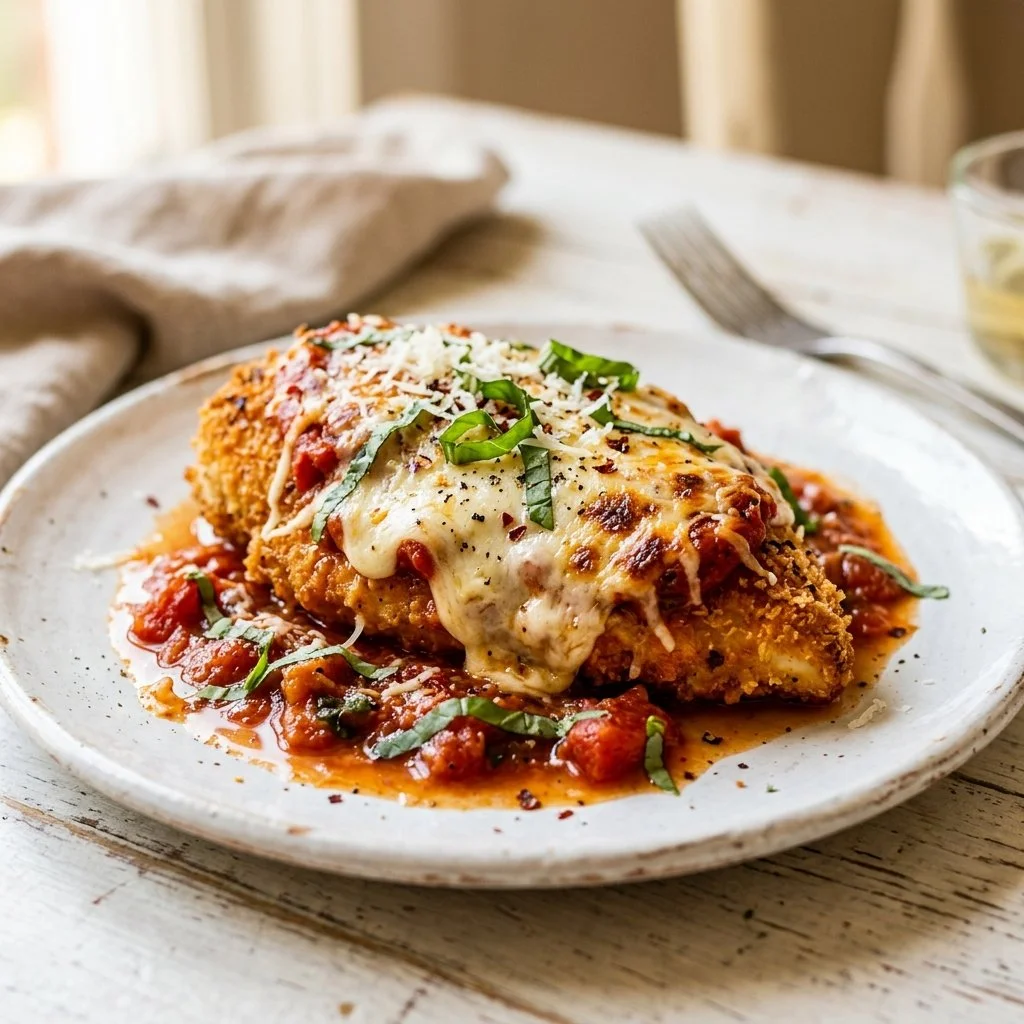 Easy Chicken Parmesan recipe with crispy chicken and marinara sauce