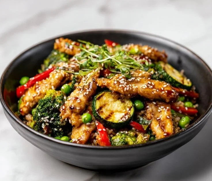 Colorful Chicken Stir Fry with fresh vegetables and savory sauce served in a bowl.