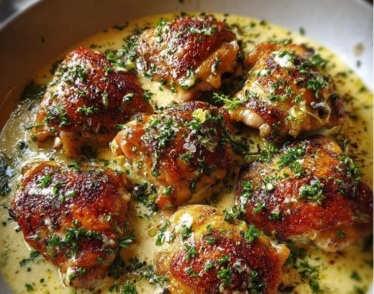 Juicy chicken thighs in creamy garlic sauce served on a plate