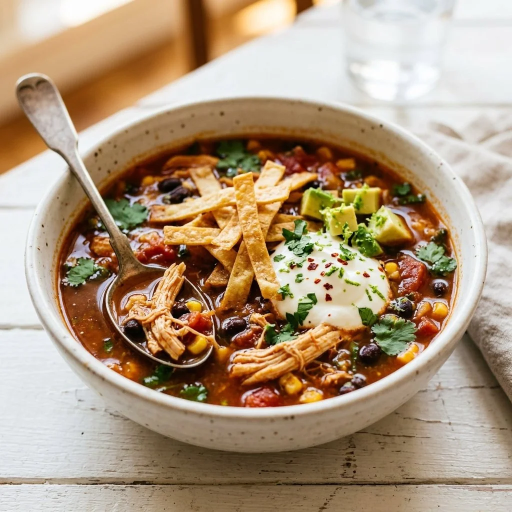 Bowl of Chicken Tortilla Soup garnished with tortilla strips and cilantro
