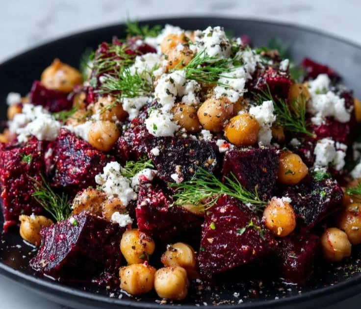Colorful Chickpea Beet Feta Salad loaded with nutrients and flavor.