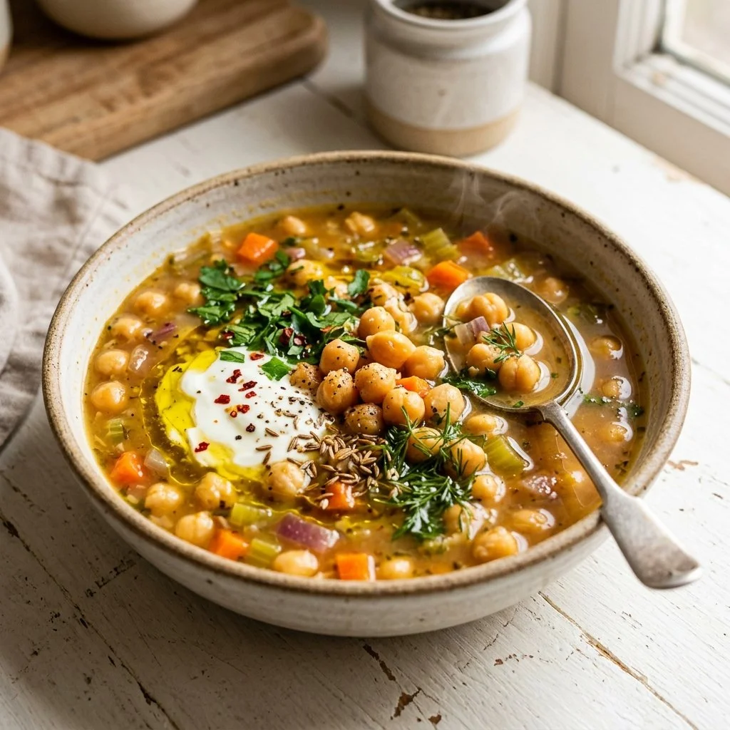 Bowl of homemade chickpea soup garnished with fresh herbs