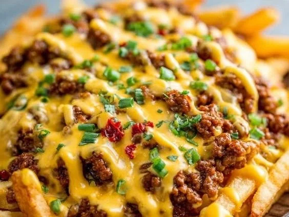 Delicious Chili Cheese Fries topped with chili and cheese sauce.
