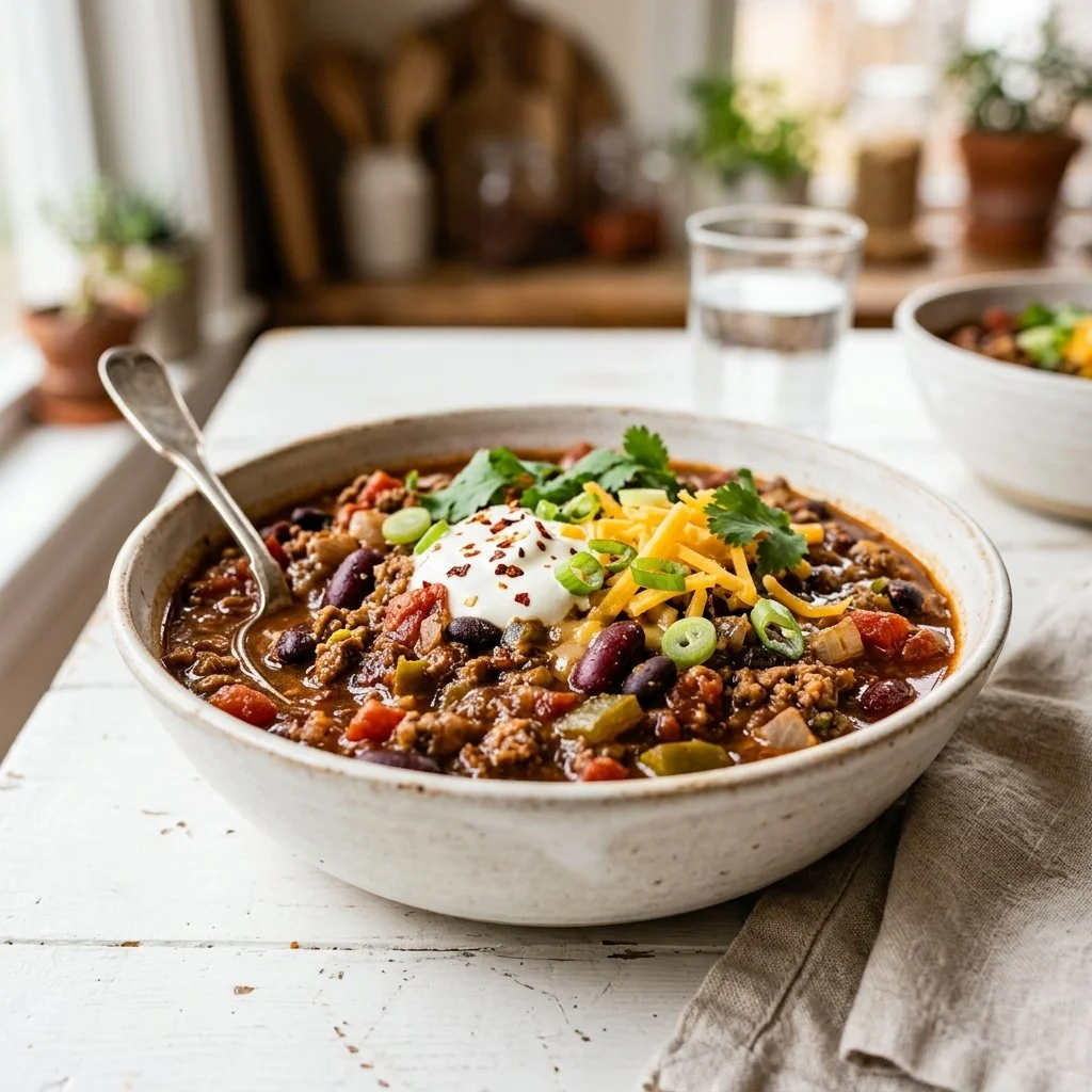 Bowl of easy homemade chili with beans and spices