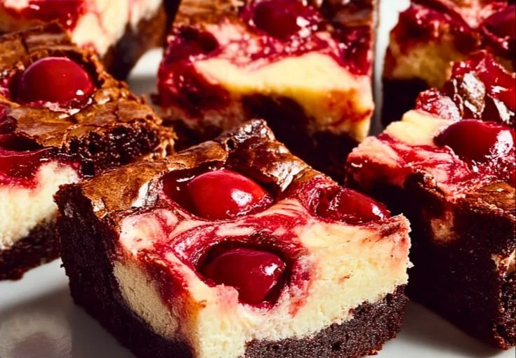 Chocolate cherry cheesecake brownies with a rich creamy layer and cherry topping