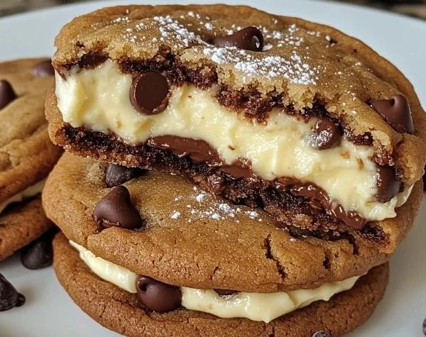 Chocolate chip cookies filled with creamy cheesecake, a delicious dessert recipe